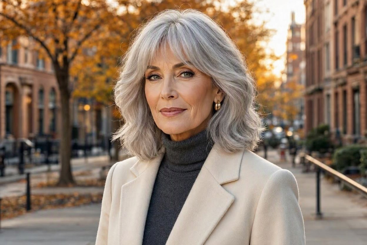 Wavy Silver Shag With Curtain Bangs 15 Beautiful Gray Hairstyles that Suit All Women Over 50 - 10