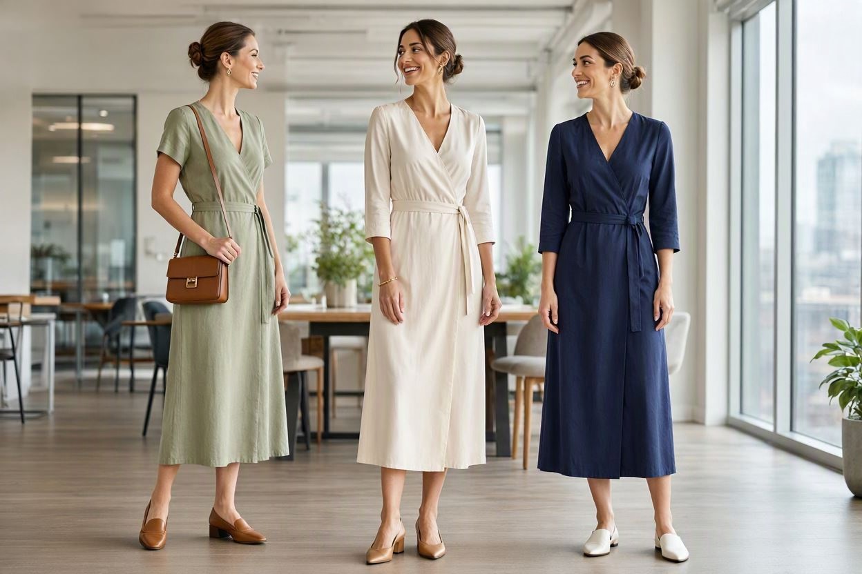 15 Stylish Work Outfit Ideas for Spring & Summer 11 Wrap Midi Dress with Minimal Accessories 15 Stylish Work Outfit Ideas for Spring & Summer - 11