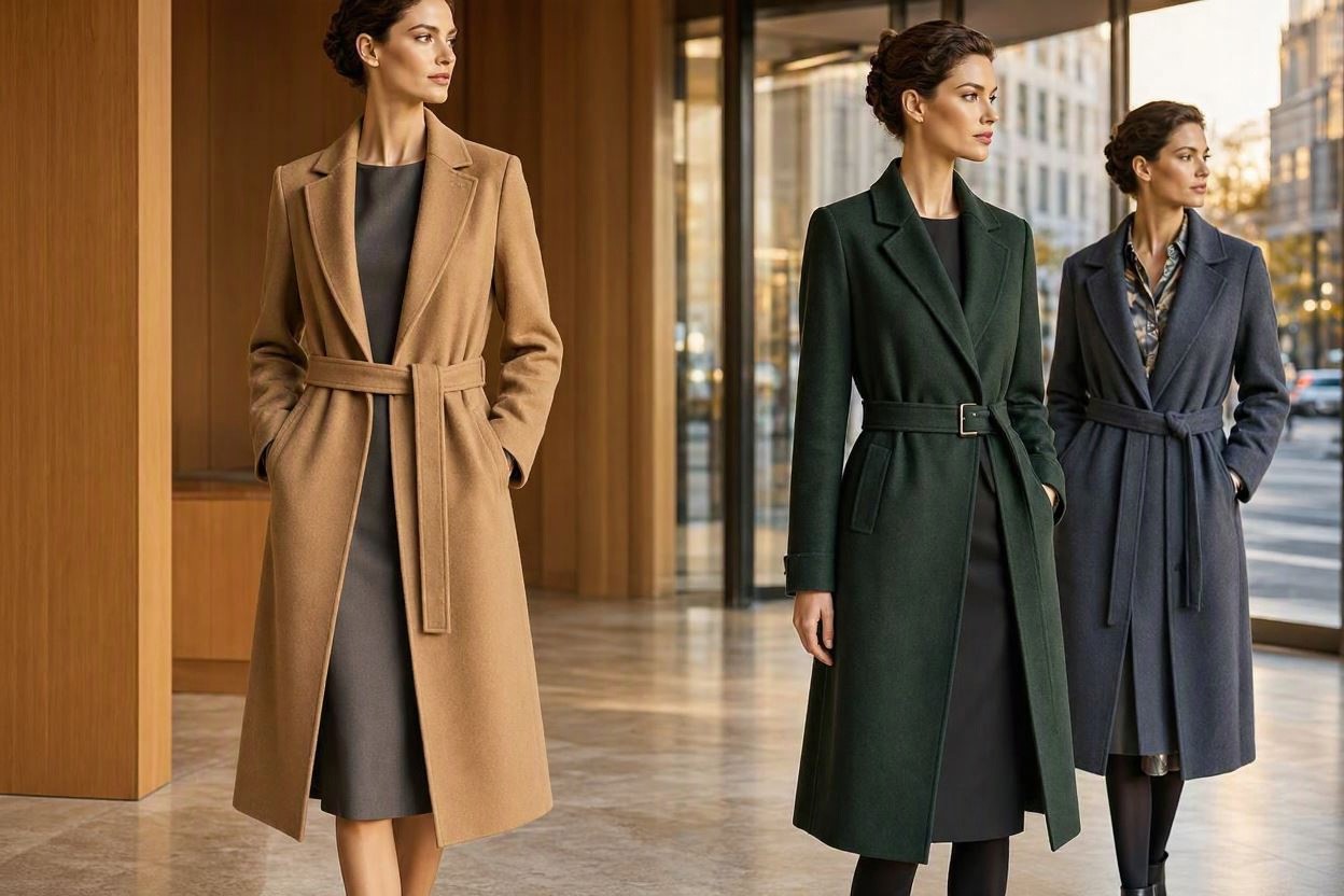 15 Elegant Work Outfit Ideas for Fall & Winter 11 Belted Wool Coat with an Office Dress 15 Elegant Work Outfit Ideas for Fall & Winter - 11
