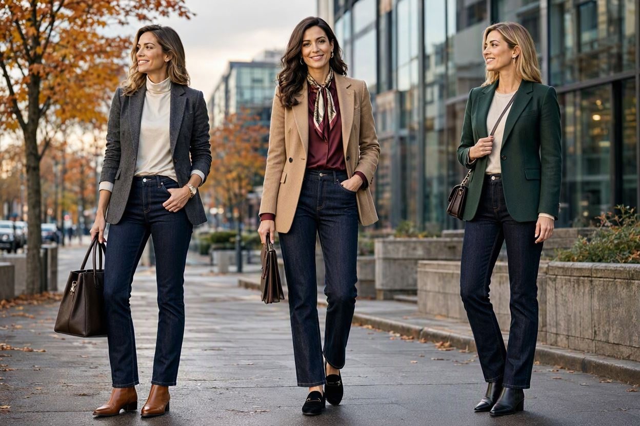 15 Elegant Work Outfit Ideas for Fall & Winter 12 Dark Jeans with a Tailored Blazer 15 Elegant Work Outfit Ideas for Fall & Winter - 12