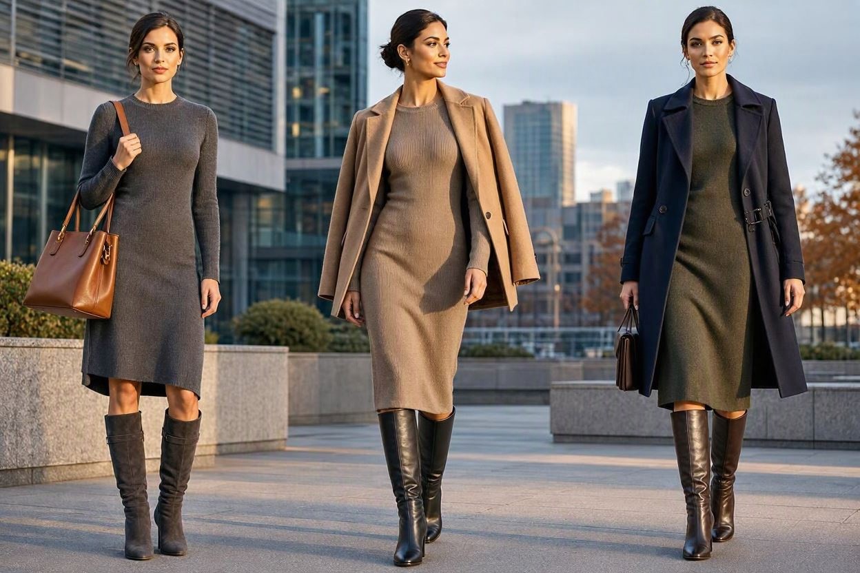 15 Elegant Work Outfit Ideas for Fall & Winter 5 Knit Midi Dress with Knee High Boots 15 Elegant Work Outfit Ideas for Fall & Winter - 5