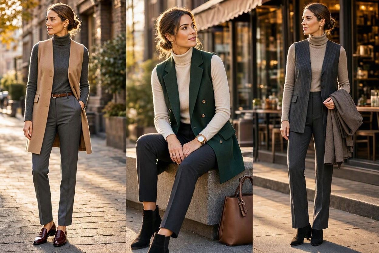 15 Elegant Work Outfit Ideas for Fall & Winter 10 Longline Vest with Turtleneck and Tailored Pants 15 Elegant Work Outfit Ideas for Fall & Winter - 10