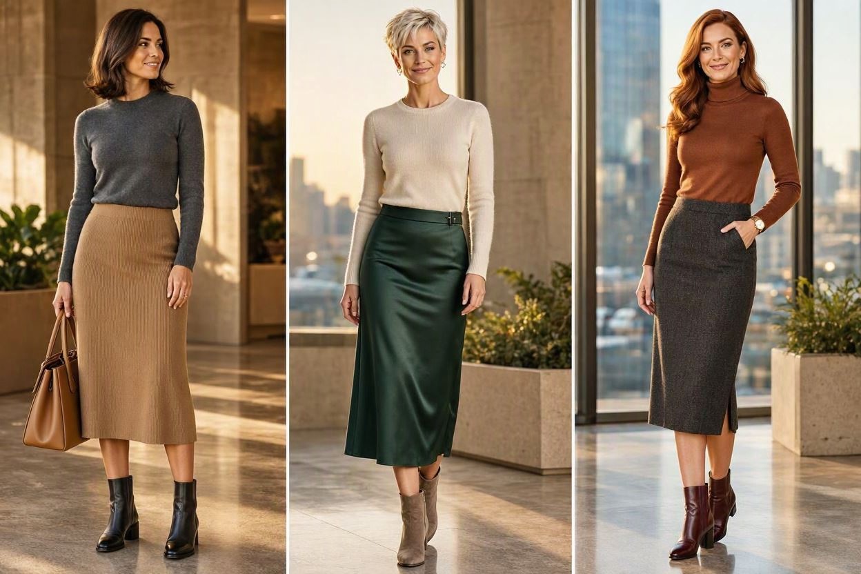 15 Elegant Work Outfit Ideas for Fall & Winter 9 Midi Skirt with Fitted Sweater and Ankle Boots 15 Elegant Work Outfit Ideas for Fall & Winter - 9