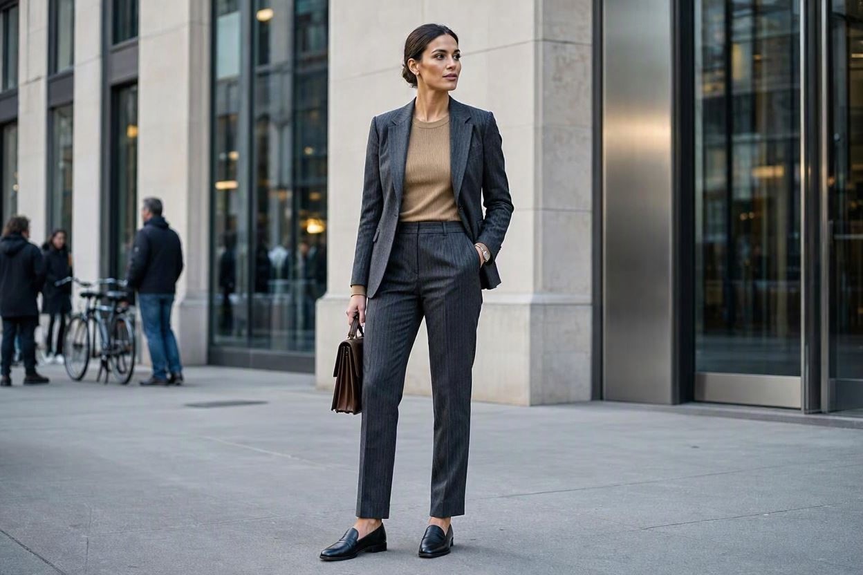 15 Elegant Work Outfit Ideas for Fall & Winter 14 Pinstripe Suit with a Fine Knit Top 15 Elegant Work Outfit Ideas for Fall & Winter - 14
