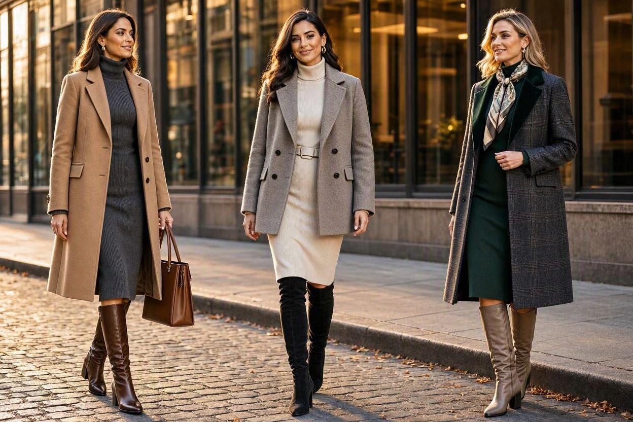 15 Elegant Work Outfit Ideas for Fall & Winter 17 Turtleneck Dress with Structured Coat and Tall Boots 15 Elegant Work Outfit Ideas for Fall & Winter - 17