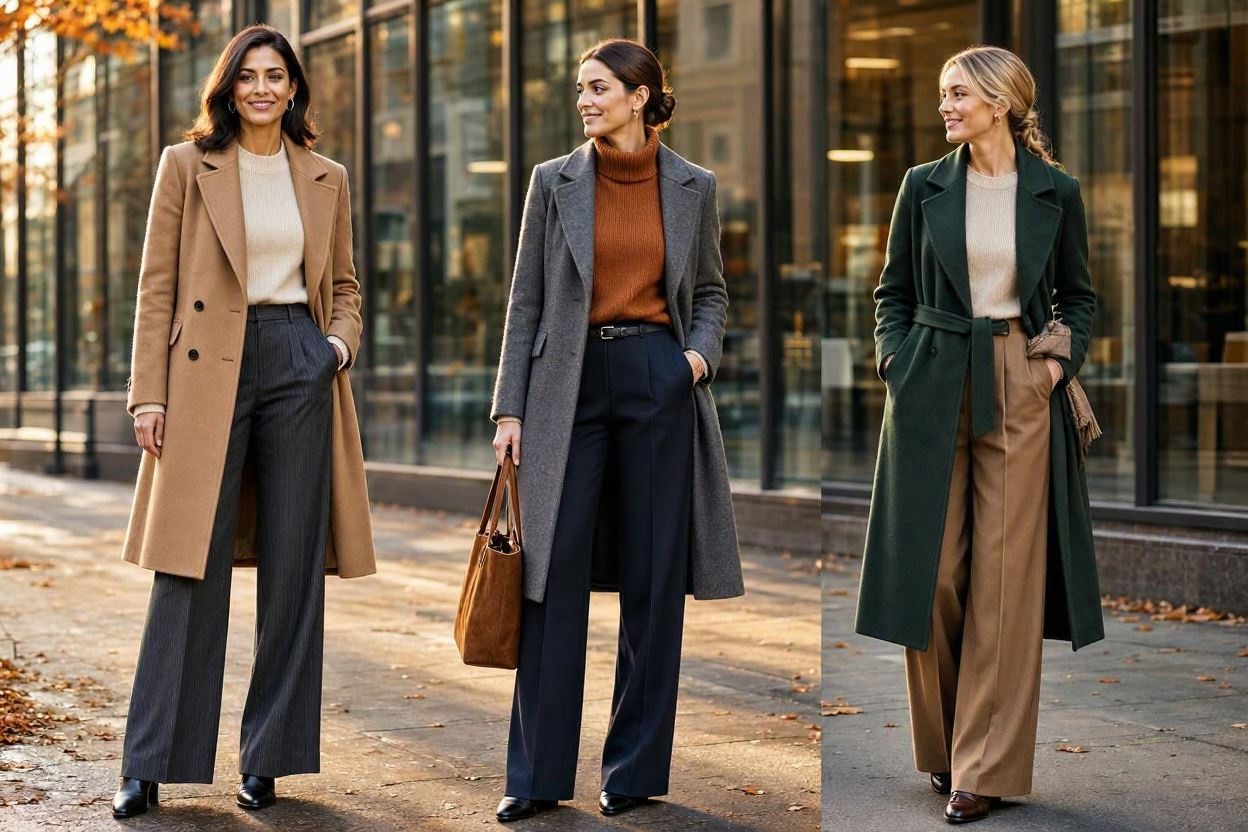 15 Elegant Work Outfit Ideas for Fall & Winter 4 Wool Coat with Wide Leg Trousers and Knit Sweater 15 Elegant Work Outfit Ideas for Fall & Winter - 4