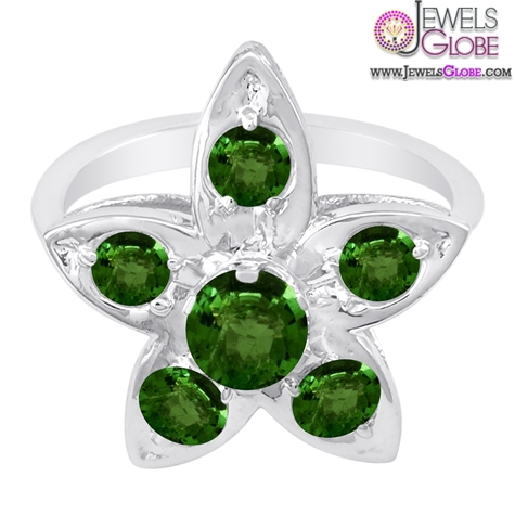 14K White Gold Emerald Flower Design Gemstone Engagement Ring
