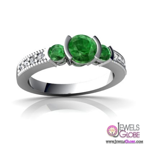 14K White Gold Round Genuine emerald cut three stone engagement ring