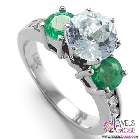 14k Gold Aquamarine diamond Emerald Ring