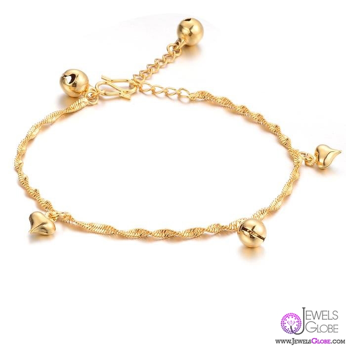 18K GOLD Ladies Link Chain Bracelets bell heart charms