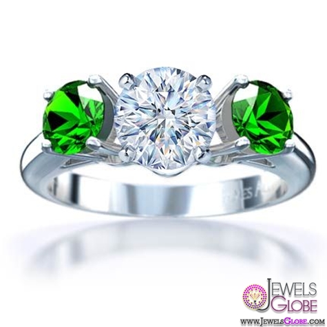 18k White Gold 3 Stone Round Emerald Engagement Ring