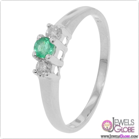 3 Stone White Gold Diamond Emerald Ring
