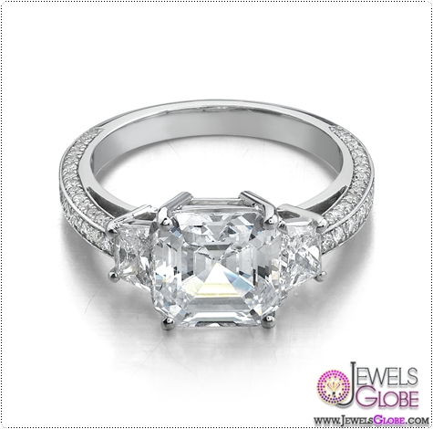 3 Stone white gold diamond emerald cut Engagement Rings