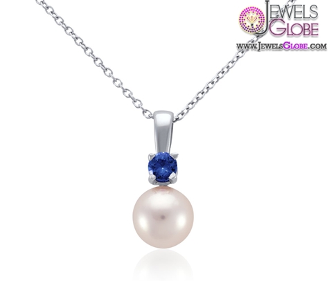 Akoya Cultured Pearl and Sapphire Pendant in 18k White Gold necklace