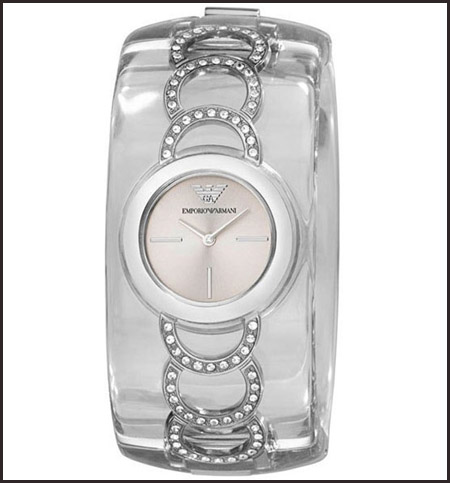 Armani-Women-Quartz-Plastic-Bangle-Silver-Dial-Watch Best 7 Armani Ladies Watches Designs