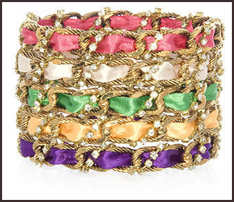 Chain Satin Ribbon Glass Crystal Assorted Colors Gold Plated Bangle