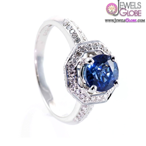 Diamond and Dark Blue Sapphire Engagement Ring