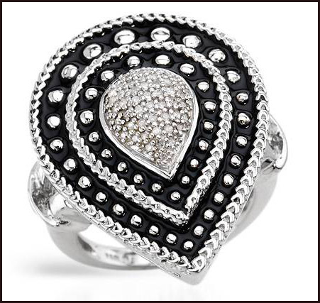 Diamonds Black Enamel and 925 Sterling silver ring for women