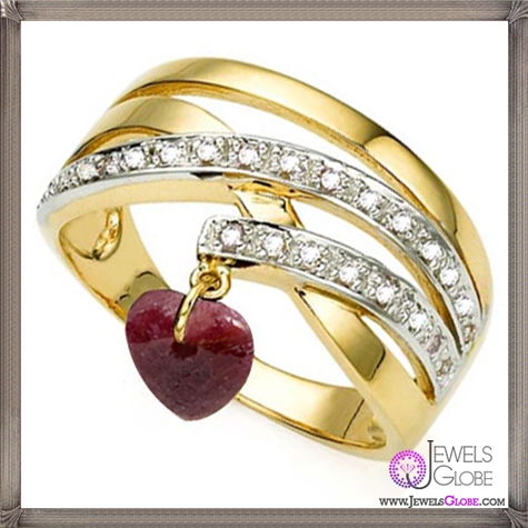 Genuine-Ruby-Dangle-Heart-Ring-with-Diamonds 32+ Most Elegant Genuine Ruby Rings For Women