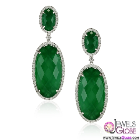 Green Agate Gemstone Diamond Drop Earrings