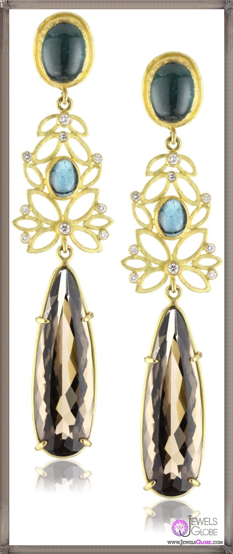 Julieli Metaform 18k Gold Blue Tourmaline, Smoky Quartz and Diamond Earrings