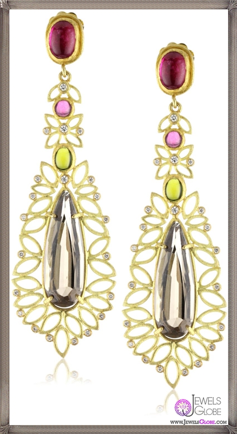 Julieli Metaform 18k Gold Multicolor Tourmalines, Smoky Quartz and Diamond Earrings