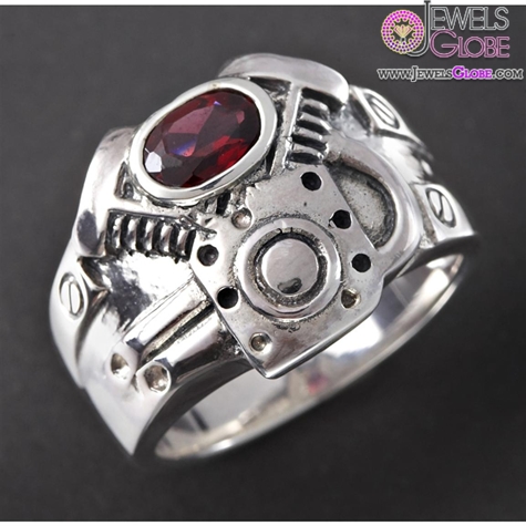 Men's Wildthings V-Twin Sterling Silver Ring with Garnet Gem
