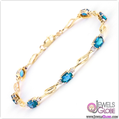 QP 14K Gold Tennis Bracelet Blue Topaz and Diamond