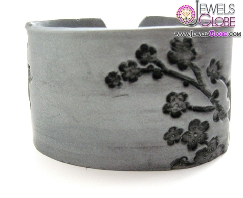 Silver cuff bracelet Asian floral blossoms design handmade cuff bracelet