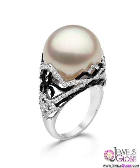 South Seas pearl cocktail ring with black enamel and diamond scrollwork for sale