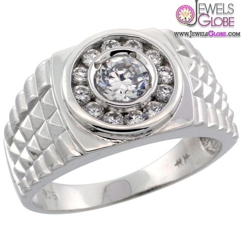 Sterling Silver Men's Watch Band Style Ring w Brilliant Cut CZ Stones