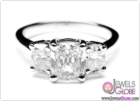 Three Stone Cushion Diamond Engagement ring 0.60 tcw in 14K White Gold