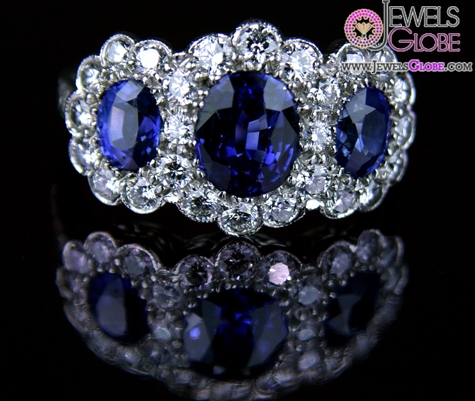 Triple Ceylon Dark Colored Blue Sapphire Gemstone Engagement Ring