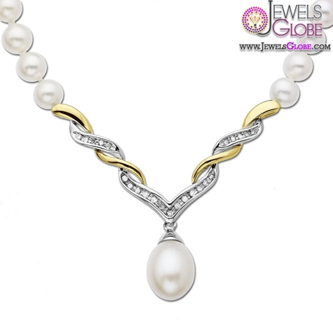Yellow Gold Pearl Diamond Drop Necklace
