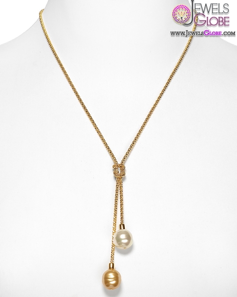 delicate gold necklace with Lariat knot and double man made pearl
